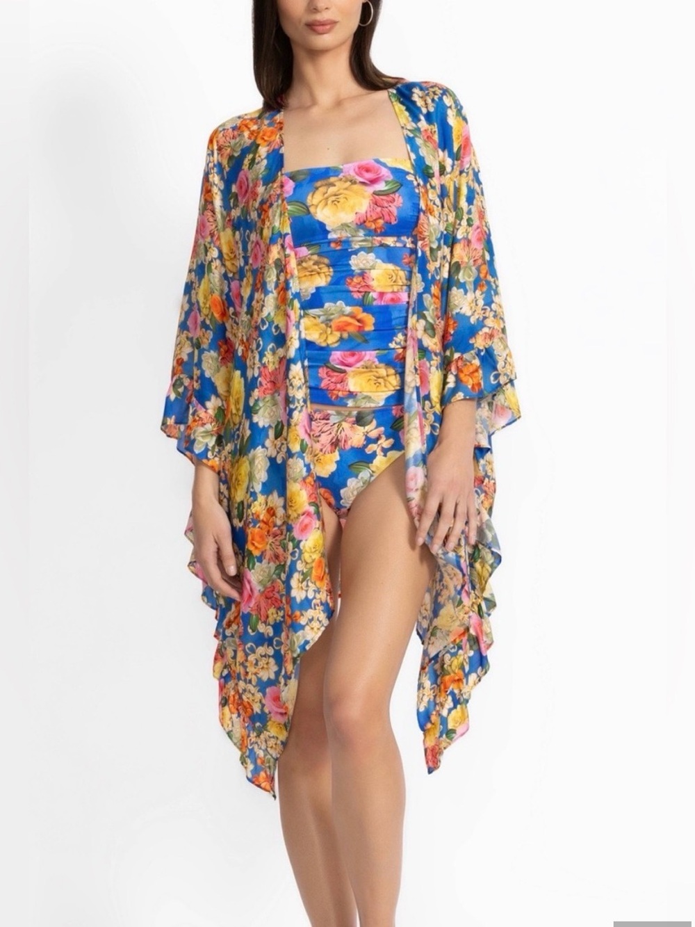 Johnny Was Blue Yellow Floral Coverup Kimono